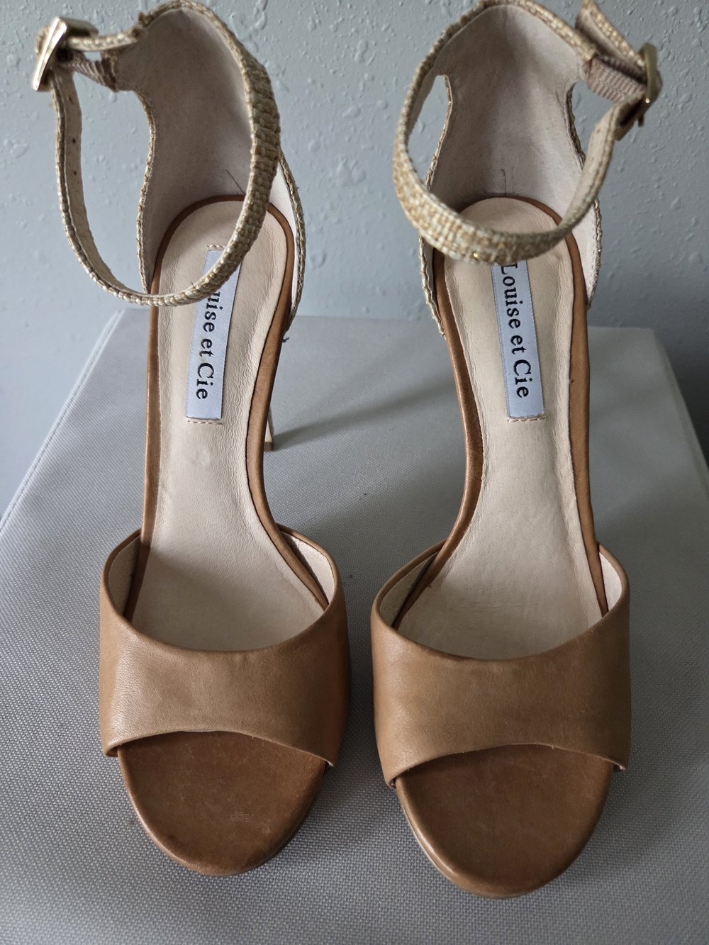 Louise et Cie Tan Leather Ankle-Strap Open-Toe Heels